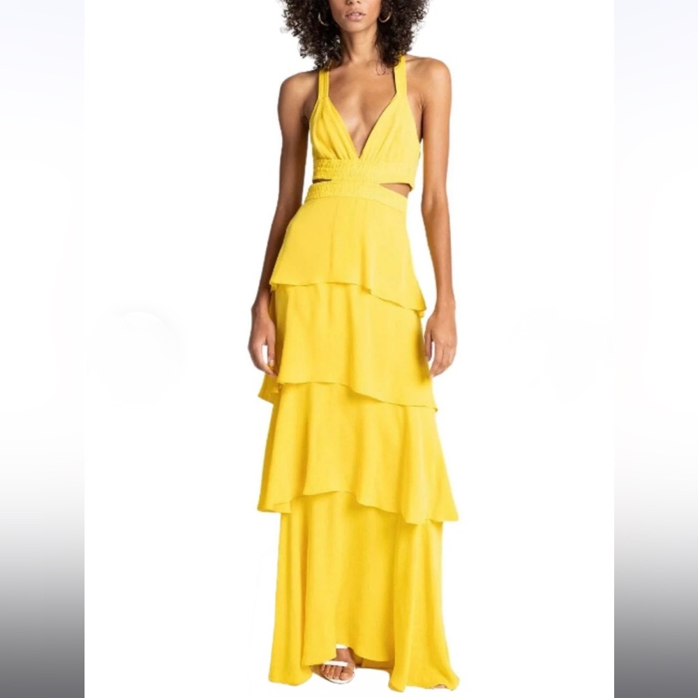 A.L.C. Lots Silk Yellow Tiered V-Neck Maxi Dress Size 0